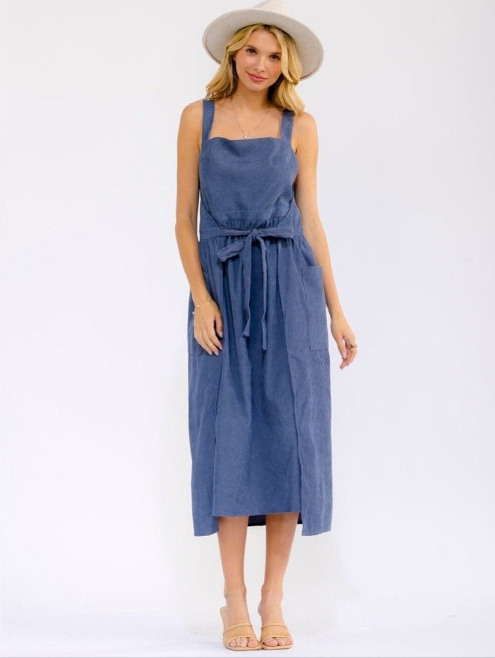 Sleeveless Front Pokets Blue Self Tie-Waist Wrap Maxi dress Sz S - Picture 3 of 3